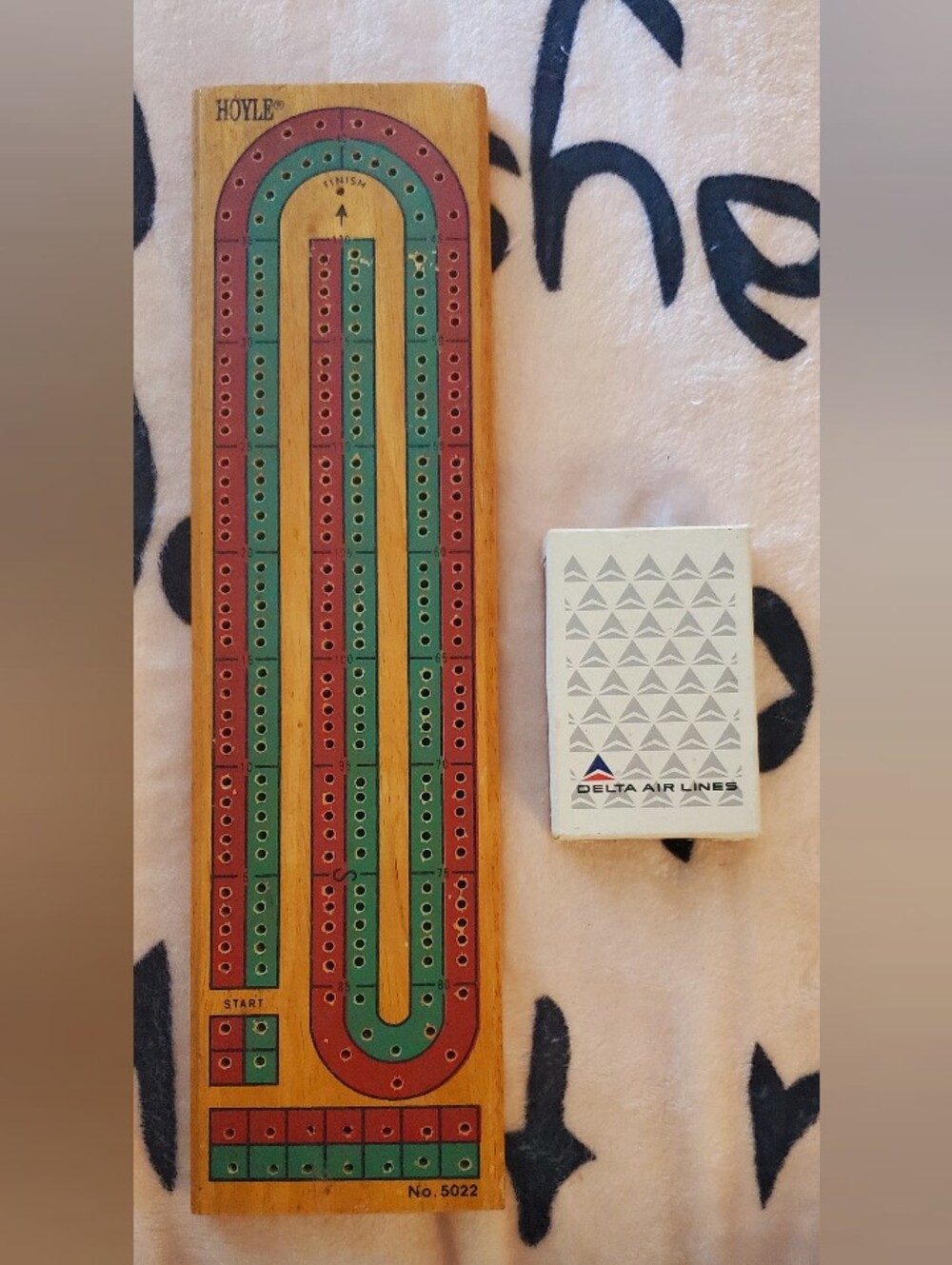 Vintage Hoyle Vintage Wooden Cribbage Board with Delta Air Lines Playing Cards.